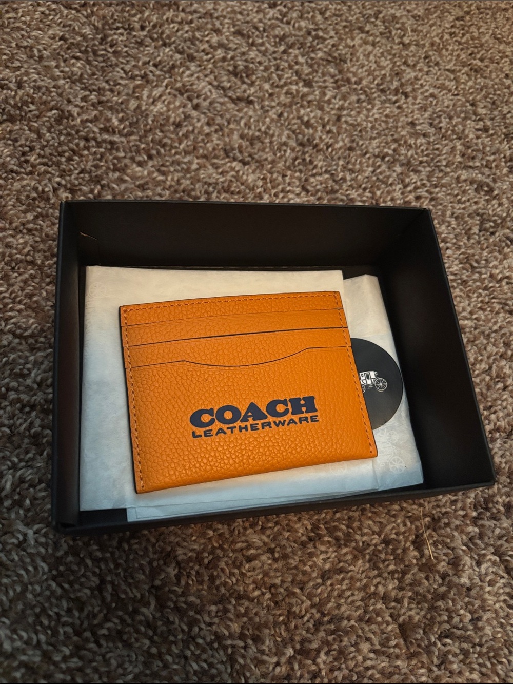 Coach Orange Leather Card Case with Navy Logo